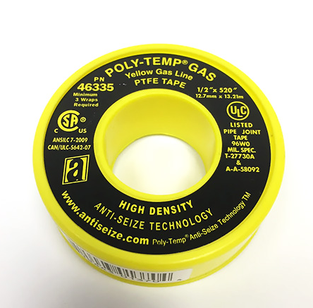 46335, POLY-TEMP® GAS Yellow Gas Line PTFE Tape - 1/2" x 520"